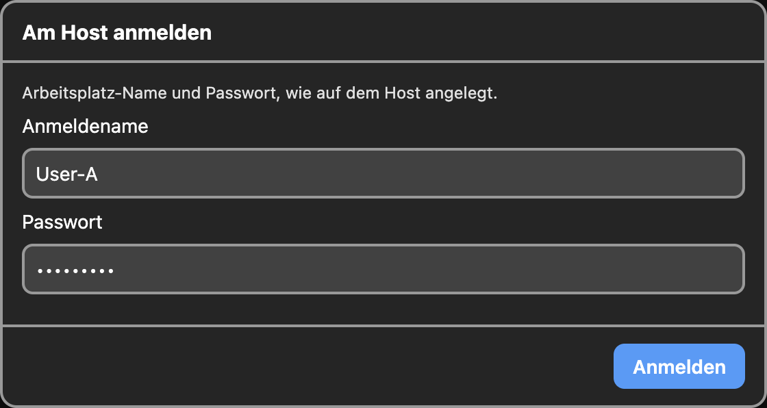 Anmeldung am Host vom Arbeitsplatz