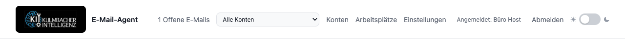 Kopfzeile des Hosts mit Konten, Arbeitsplätze und Einstellungen