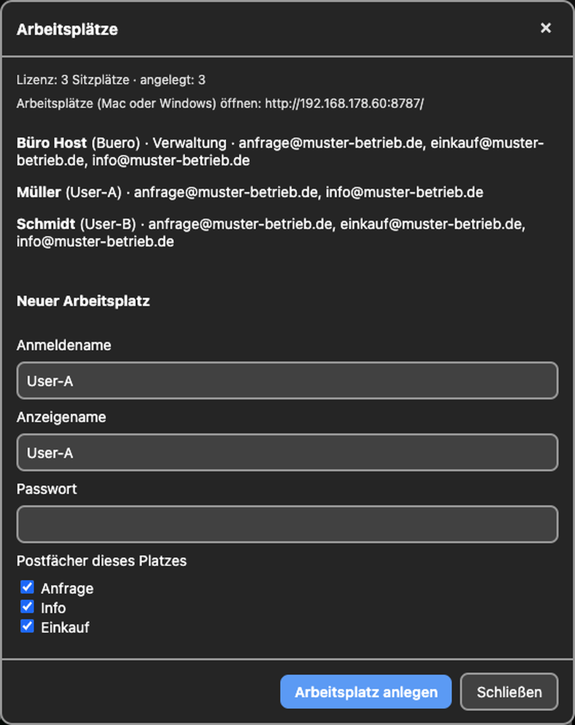Dialog Arbeitsplätze mit Zuordnung der Postfächer