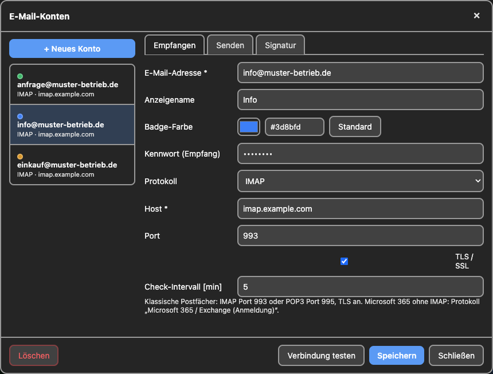 Dialog E-Mail-Konten mit Adresse, Host und Protokoll